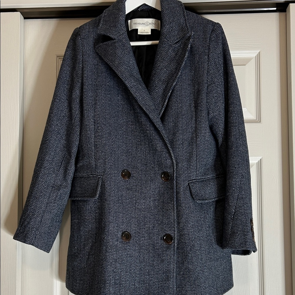 Treasure & Bond Women's Navy Double-Breasted Coat Size Small
